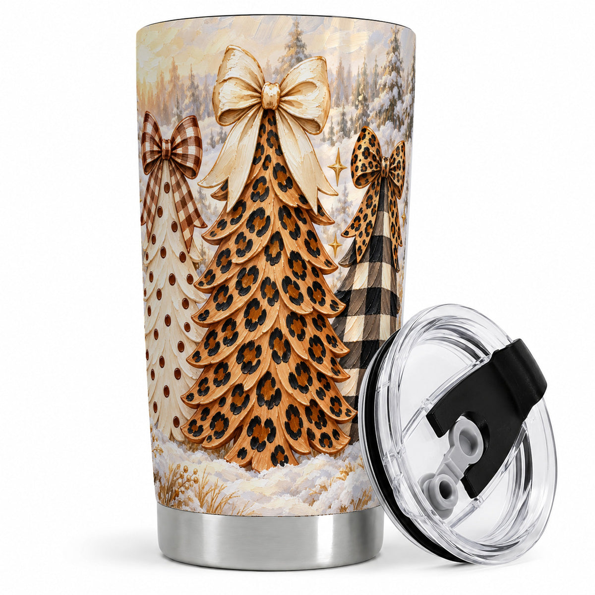 Leopard Print Christmas Trees 20oz Tumbler, Rustic Plaid Holiday Art