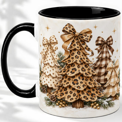 #pl[11oz|Black] Leopard Print Christmas Trees Accent Mug, Ceramic Holiday Coffee Cup
