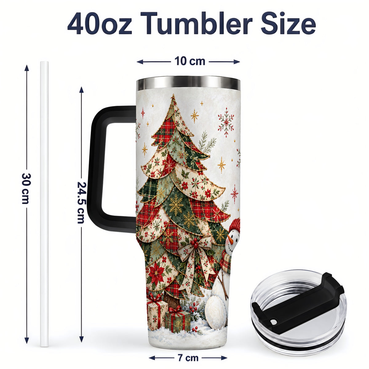#pl[40oz|Black] Patchwork Christmas Tree Tumbler, 40oz Handled Stainless Steel Cup