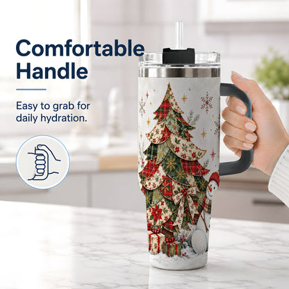 #pl[40oz|Black] Patchwork Christmas Tree Tumbler, 40oz Handled Stainless Steel Cup