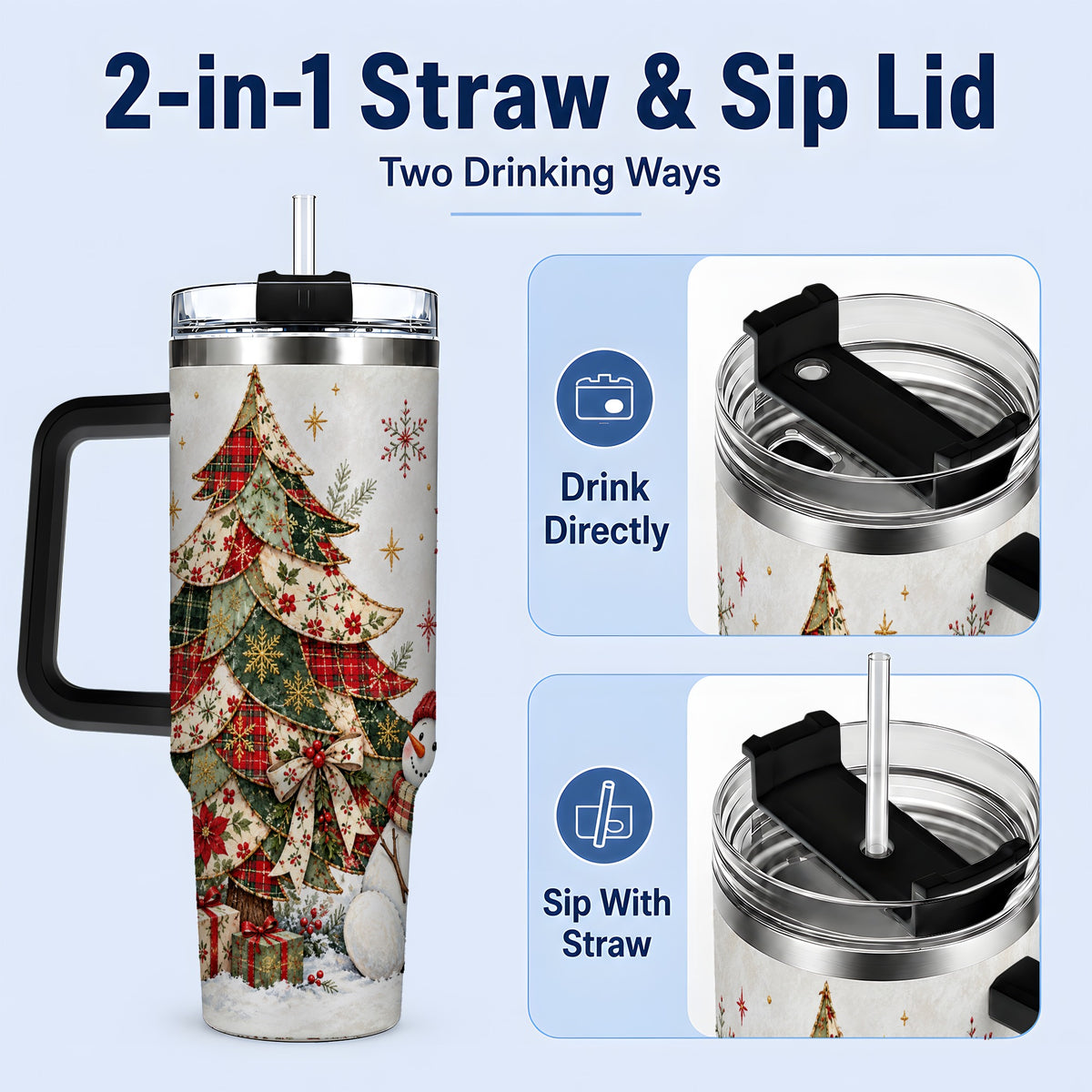 #pl[40oz|Black] Patchwork Christmas Tree Tumbler, 40oz Handled Stainless Steel Cup