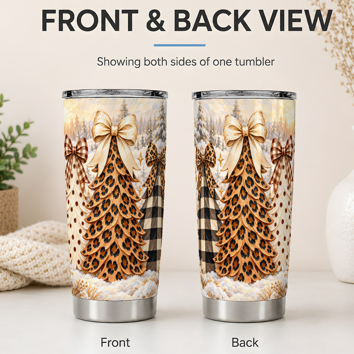 #pl[20oz|Steel] Leopard Print Christmas Trees 20oz Tumbler, Rustic Plaid Holiday Art