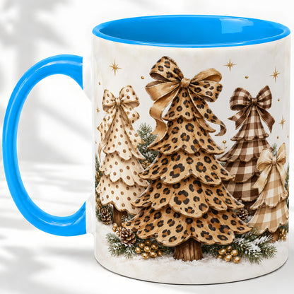 #pl[11oz|Blue] Leopard Print Christmas Trees Accent Mug, Ceramic Holiday Coffee Cup
