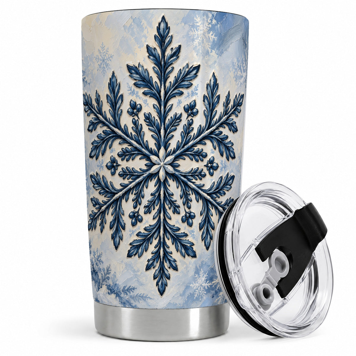 Navy Blue Snowflake 20oz Tumbler, Elegant Botanical Winter Design