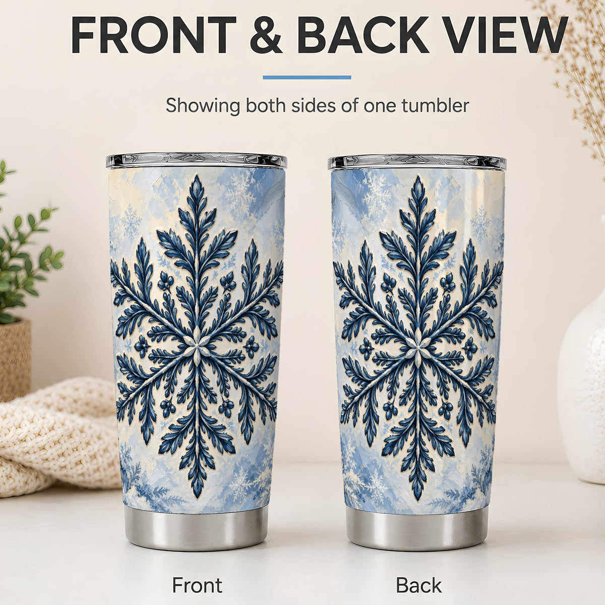 #pl[20oz|Steel] Navy Blue Snowflake 20oz Tumbler, Elegant Botanical Winter Design