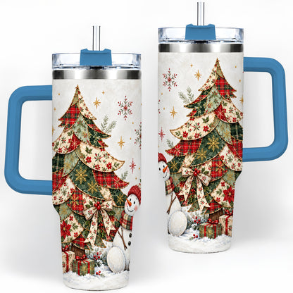 #pl[40oz|Blue] Patchwork Christmas Tree Tumbler, 40oz Handled Stainless Steel Cup