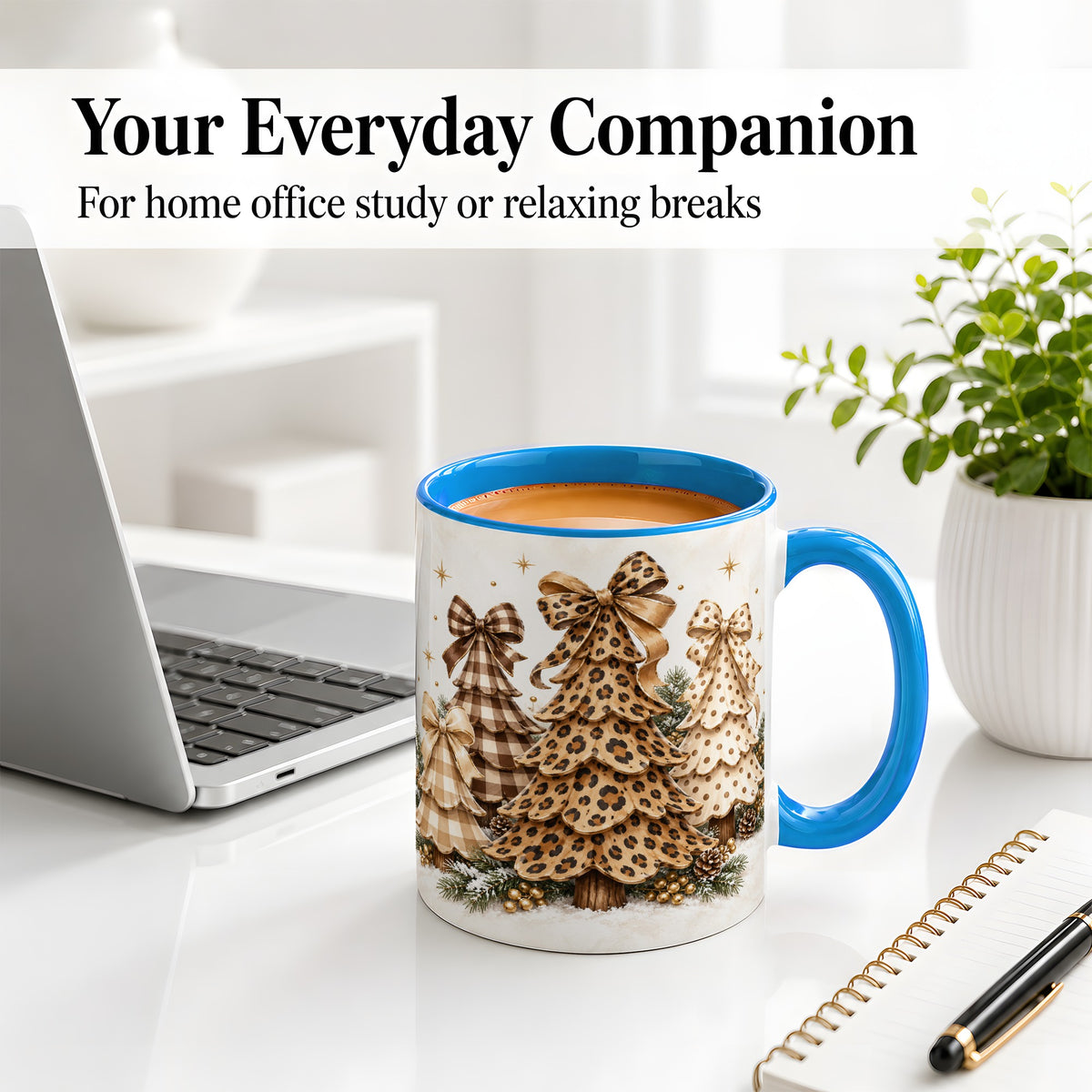 #pl[11oz|Blue] Leopard Print Christmas Trees Accent Mug, Ceramic Holiday Coffee Cup