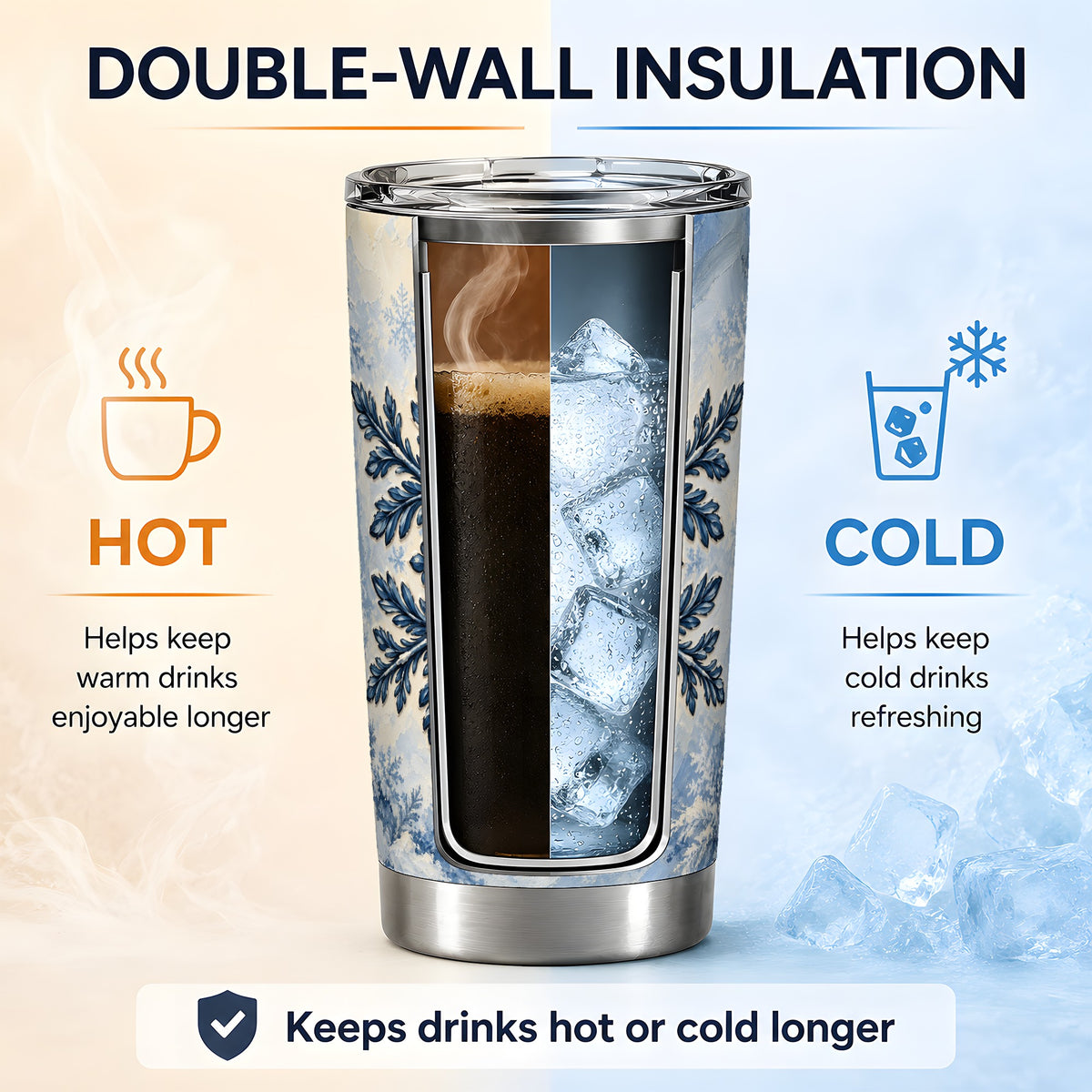 Navy Blue Snowflake 20oz Tumbler, Elegant Botanical Winter Design