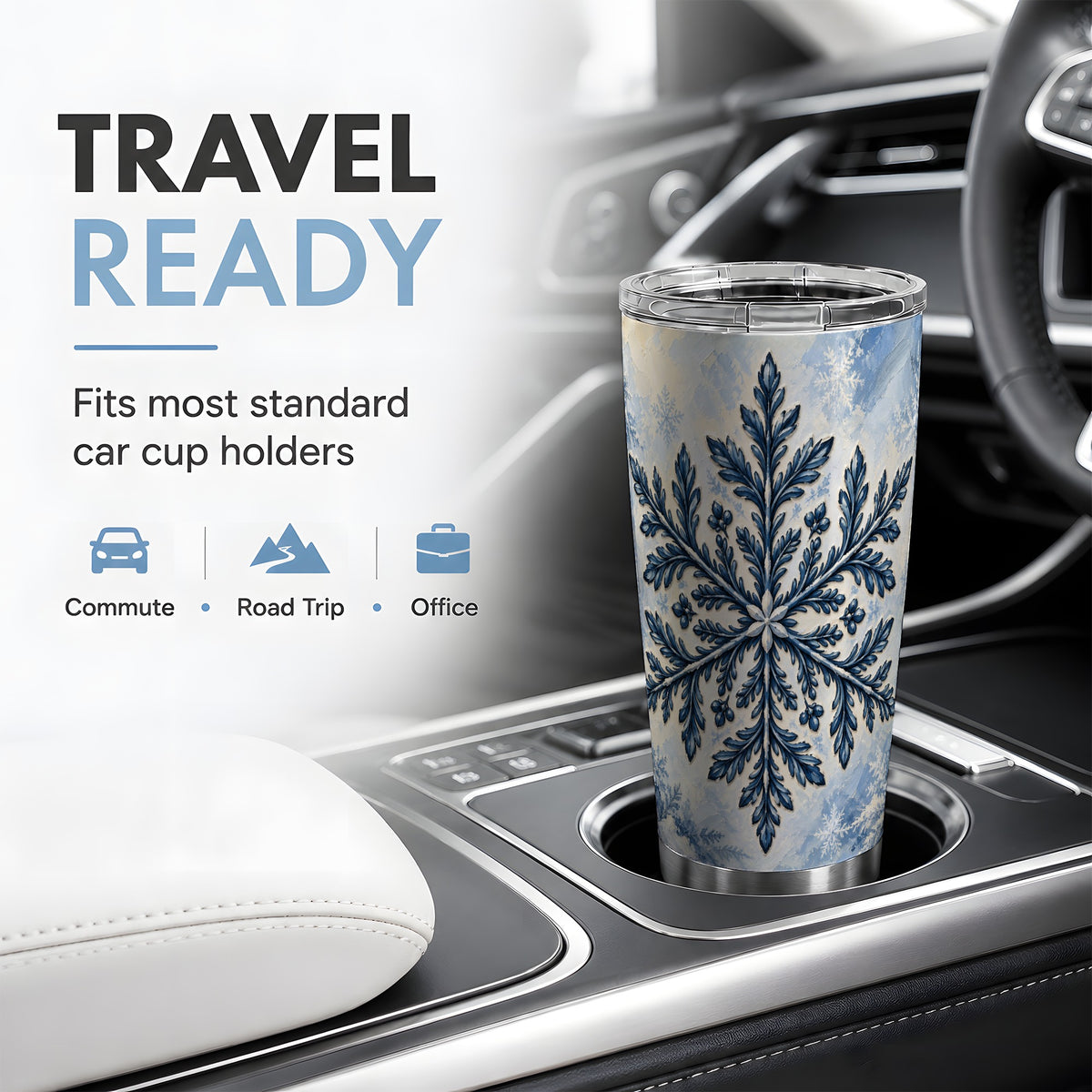 Navy Blue Snowflake 20oz Tumbler, Elegant Botanical Winter Design