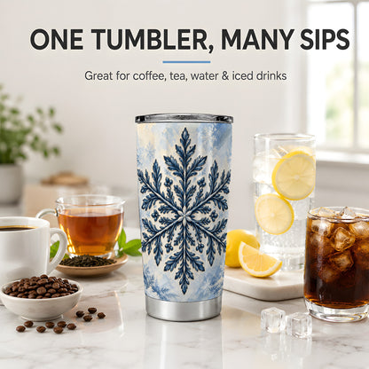 Navy Blue Snowflake 20oz Tumbler, Elegant Botanical Winter Design