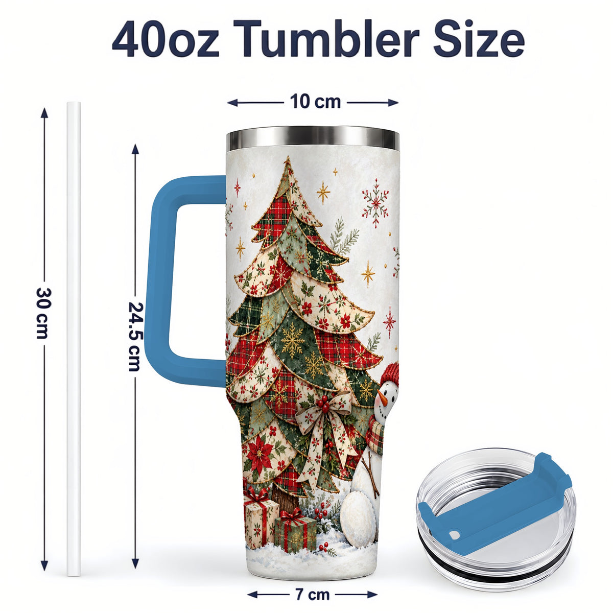 #pl[40oz|Blue] Patchwork Christmas Tree Tumbler, 40oz Handled Stainless Steel Cup