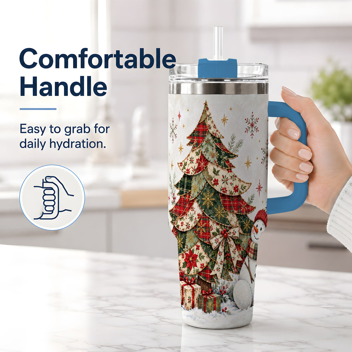 #pl[40oz|Blue] Patchwork Christmas Tree Tumbler, 40oz Handled Stainless Steel Cup