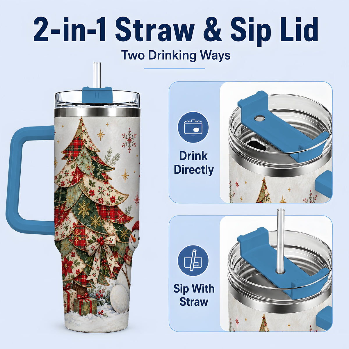 #pl[40oz|Blue] Patchwork Christmas Tree Tumbler, 40oz Handled Stainless Steel Cup