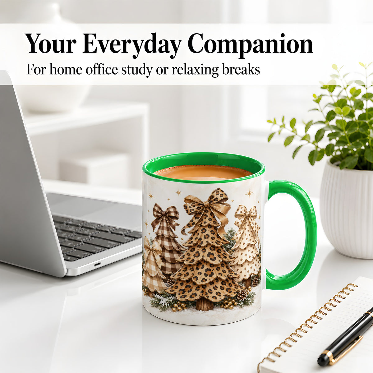 #pl[11oz|Green] Leopard Print Christmas Trees Accent Mug, Ceramic Holiday Coffee Cup