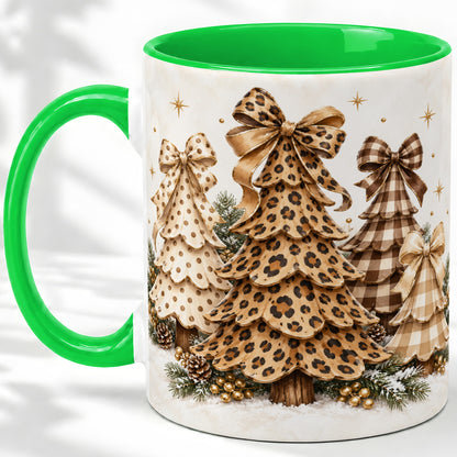 #pl[11oz|Green] Leopard Print Christmas Trees Accent Mug, Ceramic Holiday Coffee Cup