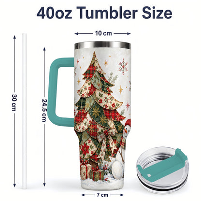 #pl[40oz|Green] Patchwork Christmas Tree Tumbler, 40oz Handled Stainless Steel Cup