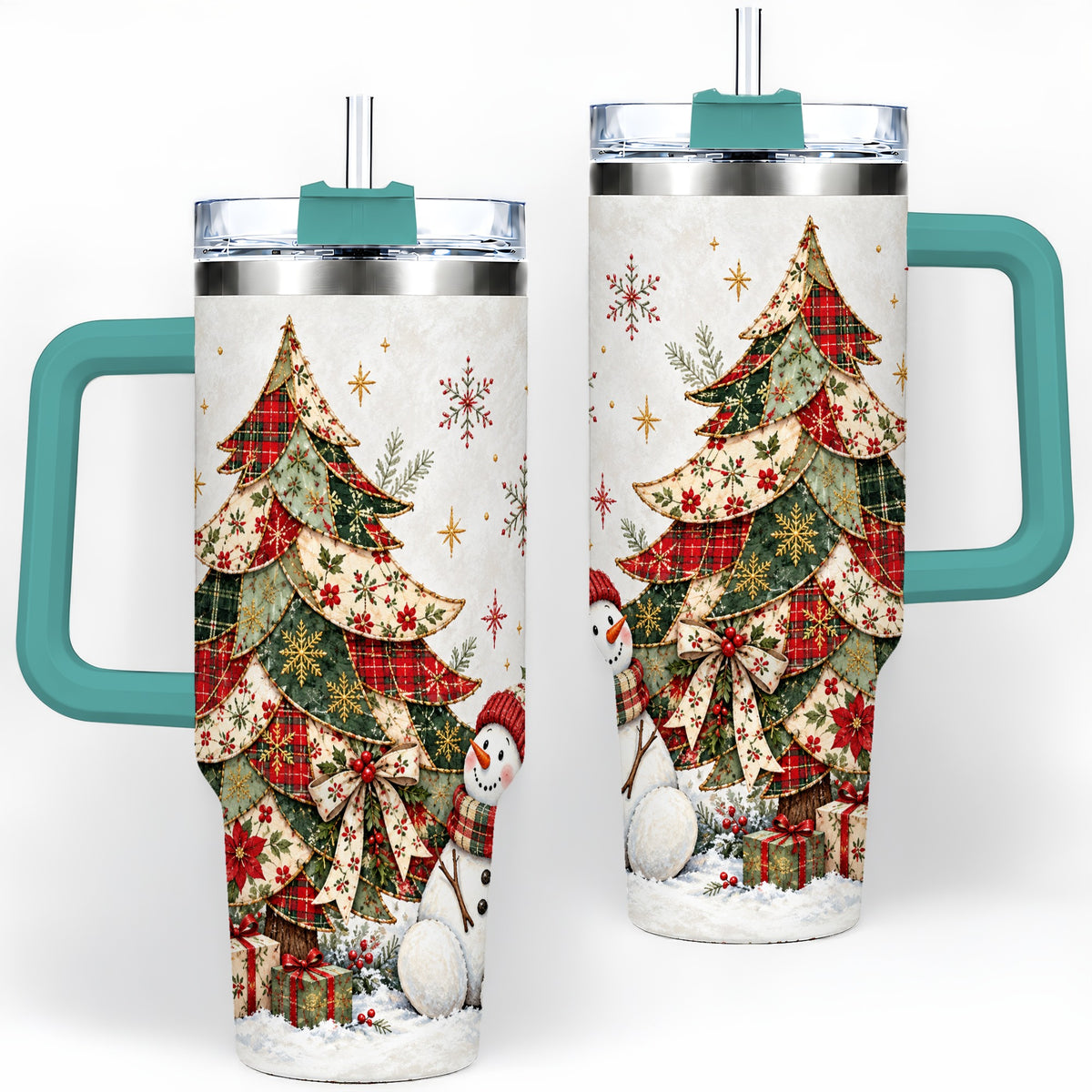 #pl[40oz|Green] Patchwork Christmas Tree Tumbler, 40oz Handled Stainless Steel Cup