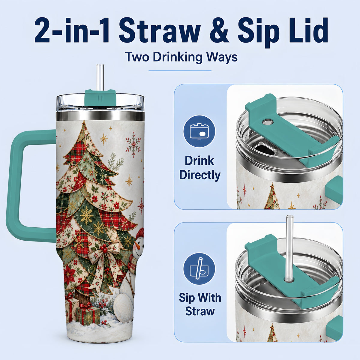 #pl[40oz|Green] Patchwork Christmas Tree Tumbler, 40oz Handled Stainless Steel Cup