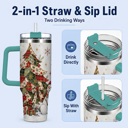 #pl[40oz|Green] Patchwork Christmas Tree Tumbler, 40oz Handled Stainless Steel Cup