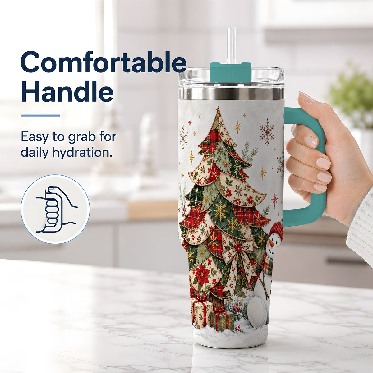 #pl[40oz|Green] Patchwork Christmas Tree Tumbler, 40oz Handled Stainless Steel Cup