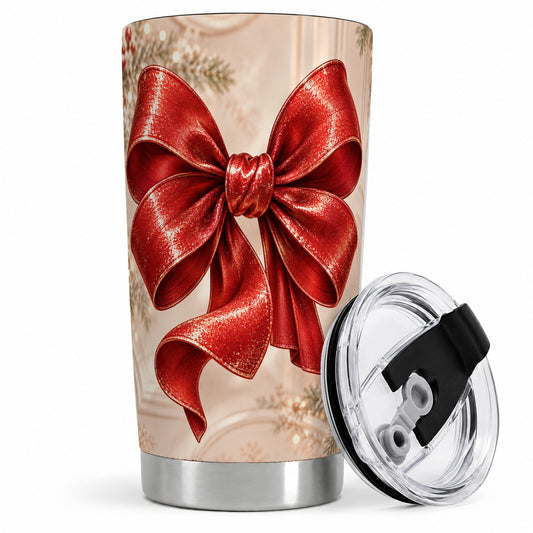 Red Christmas Bow 20oz Tumbler, Sparkling Holiday Ribbon Artwork