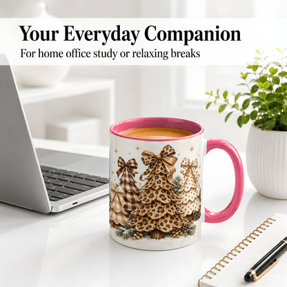 #pl[11oz|Pink] Leopard Print Christmas Trees Accent Mug, Ceramic Holiday Coffee Cup