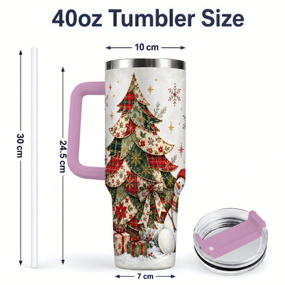 #pl[40oz|Pink] Patchwork Christmas Tree Tumbler, 40oz Handled Stainless Steel Cup