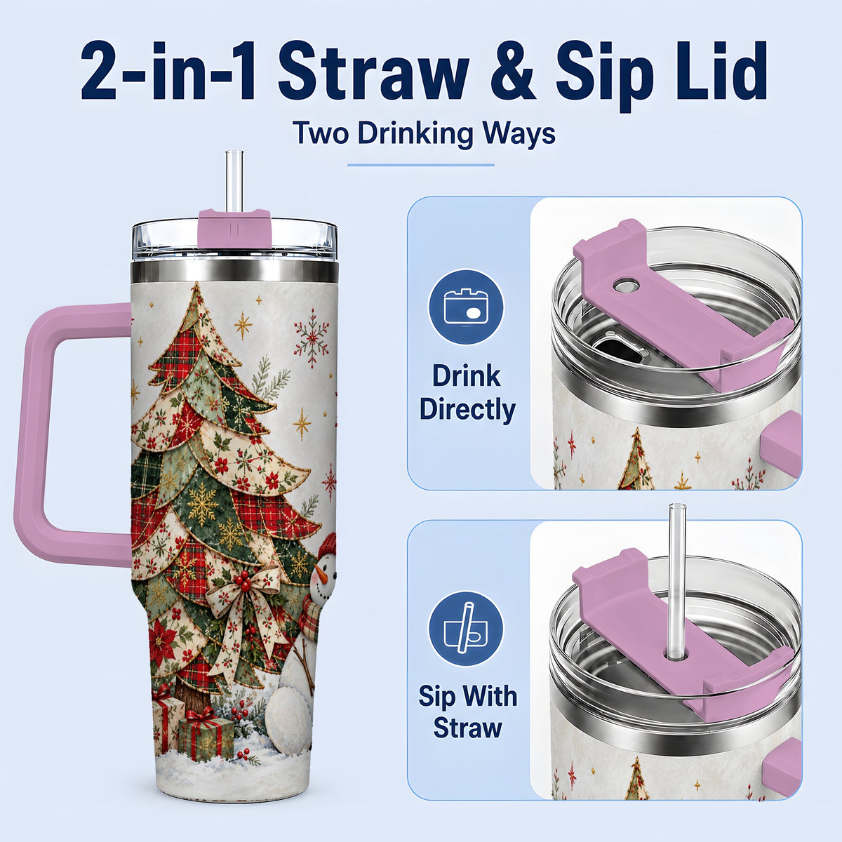 #pl[40oz|Pink] Patchwork Christmas Tree Tumbler, 40oz Handled Stainless Steel Cup