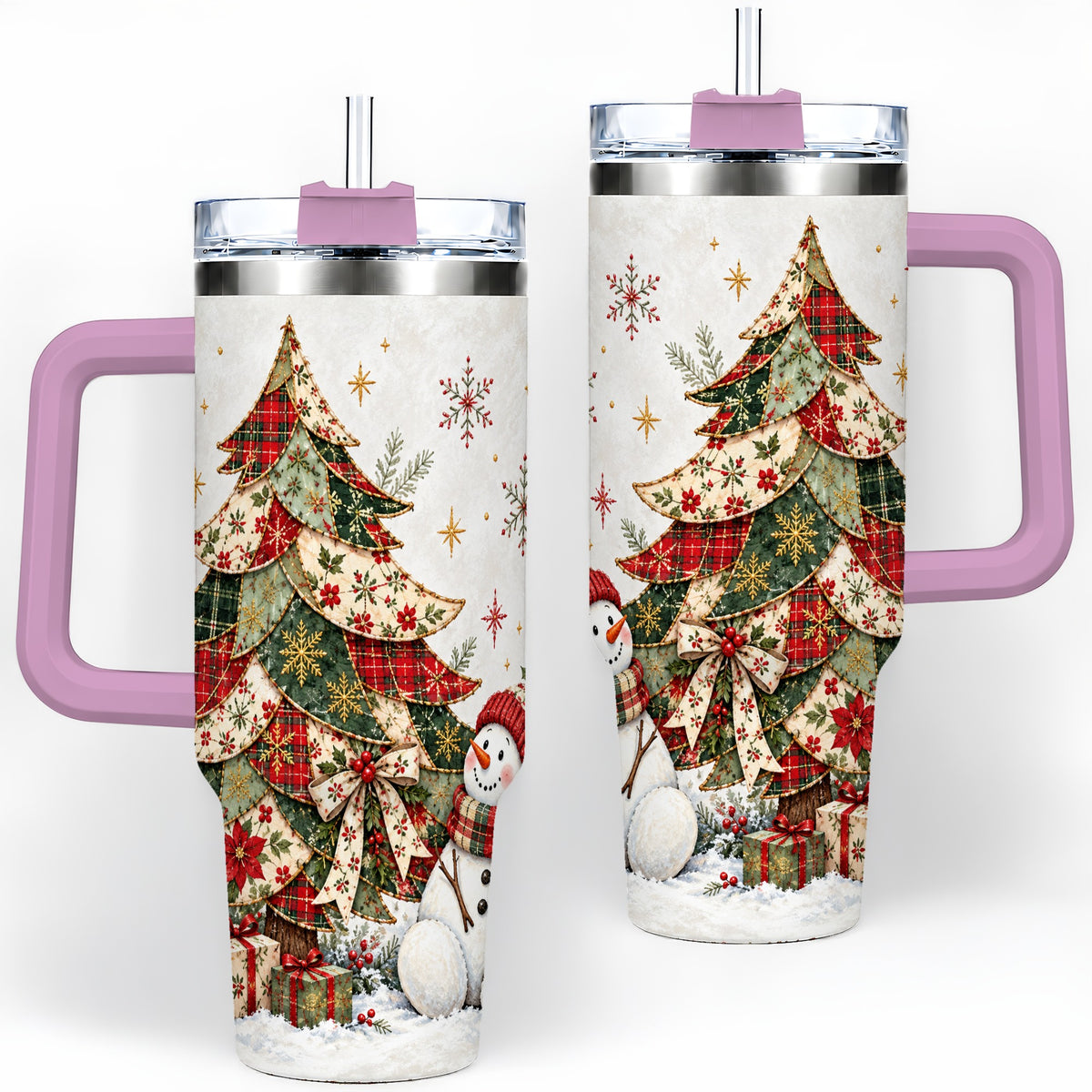 #pl[40oz|Pink] Patchwork Christmas Tree Tumbler, 40oz Handled Stainless Steel Cup