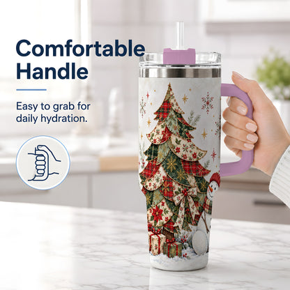 #pl[40oz|Pink] Patchwork Christmas Tree Tumbler, 40oz Handled Stainless Steel Cup