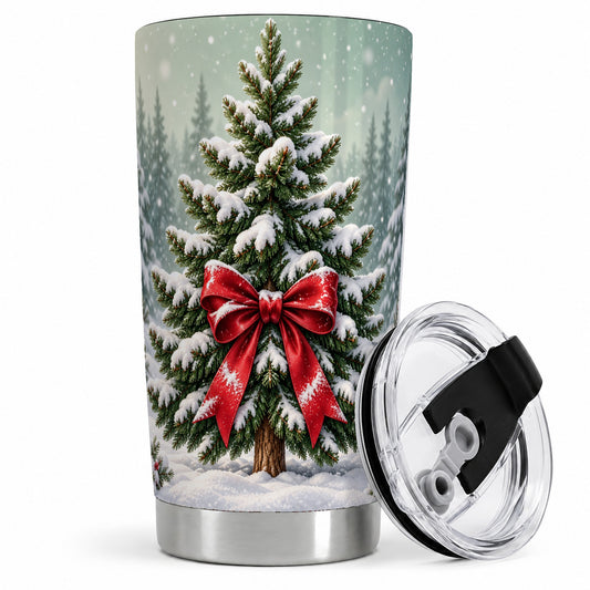 Snowy Christmas Tree 20oz Tumbler, Festive Red Ribbon Winter Art