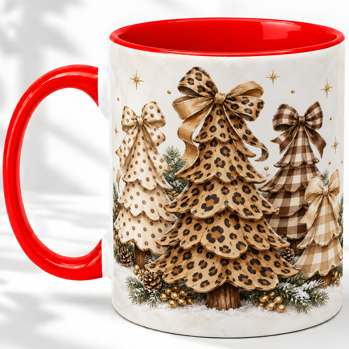 Leopard Print Christmas Trees Accent Mug, Ceramic Holiday Coffee Cup