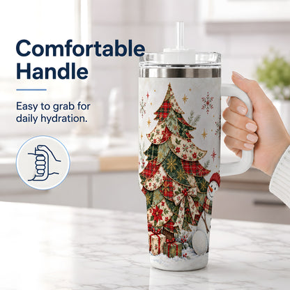 #pl[40oz|White] Patchwork Christmas Tree Tumbler, 40oz Handled Stainless Steel Cup