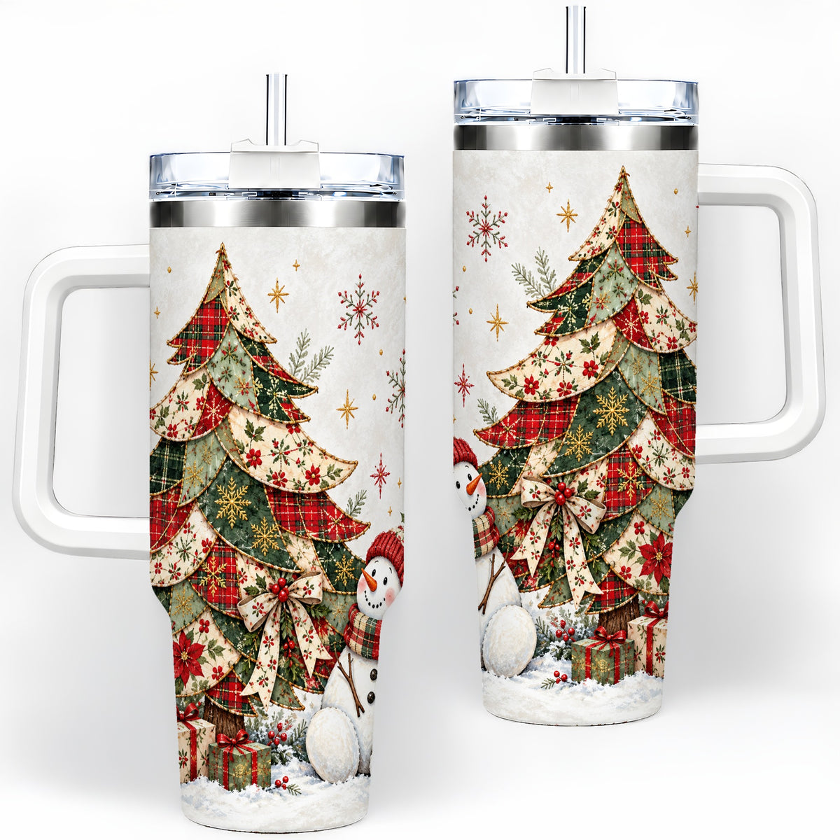 Patchwork Christmas Tree Tumbler, 40oz Handled Stainless Steel Cup