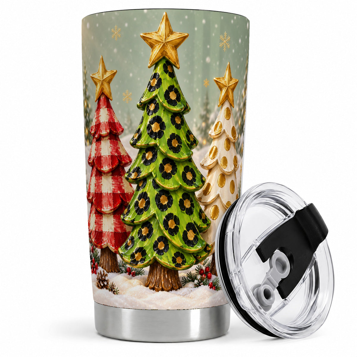 Plaid Christmas Trees 20oz Tumbler, Leopard and Gold Holiday Art