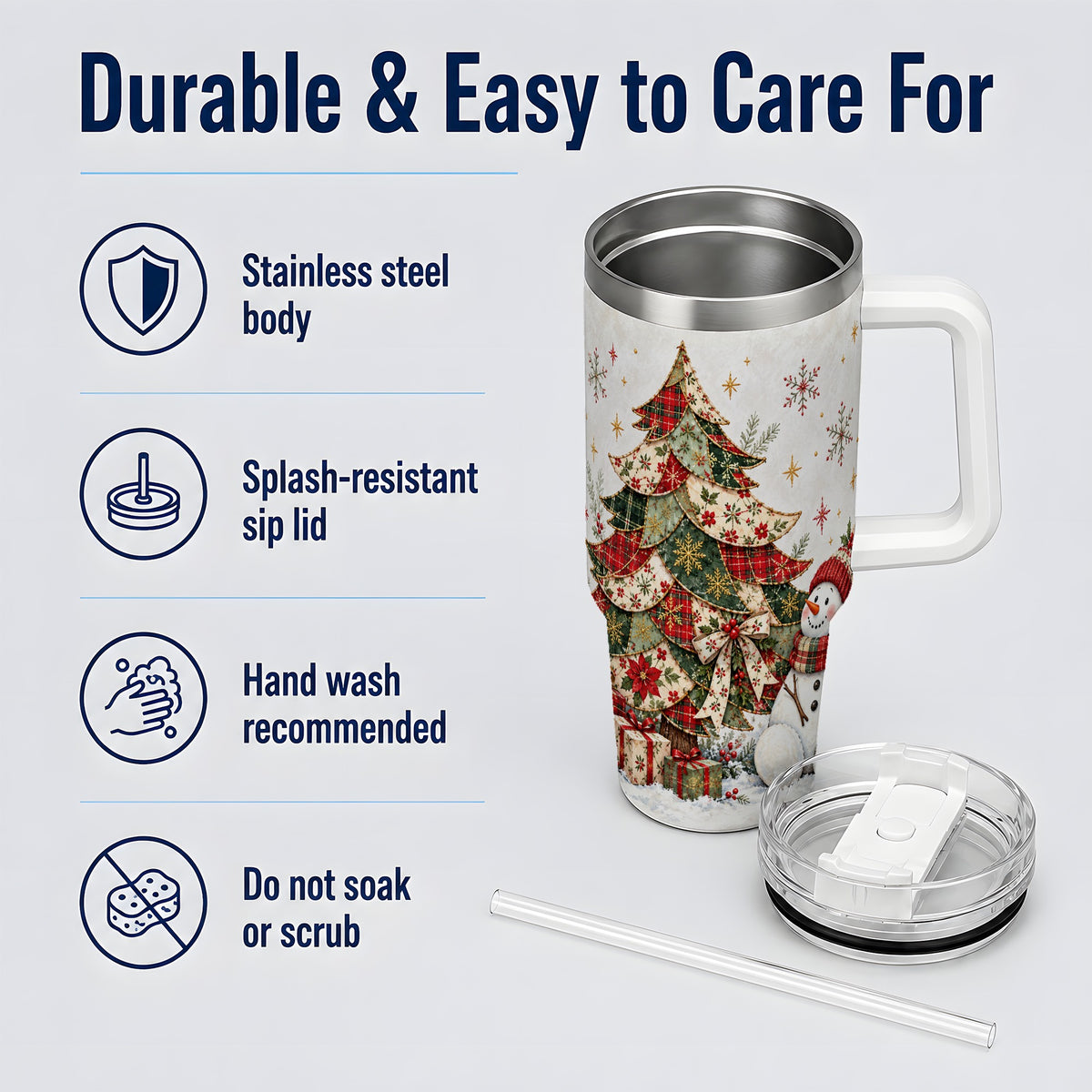 Patchwork Christmas Tree Tumbler, 40oz Handled Stainless Steel Cup