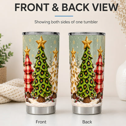 #pl[20oz|Steel] Plaid Christmas Trees 20oz Tumbler, Leopard and Gold Holiday Art