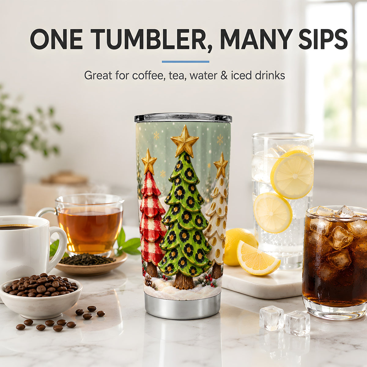 Plaid Christmas Trees 20oz Tumbler, Leopard and Gold Holiday Art
