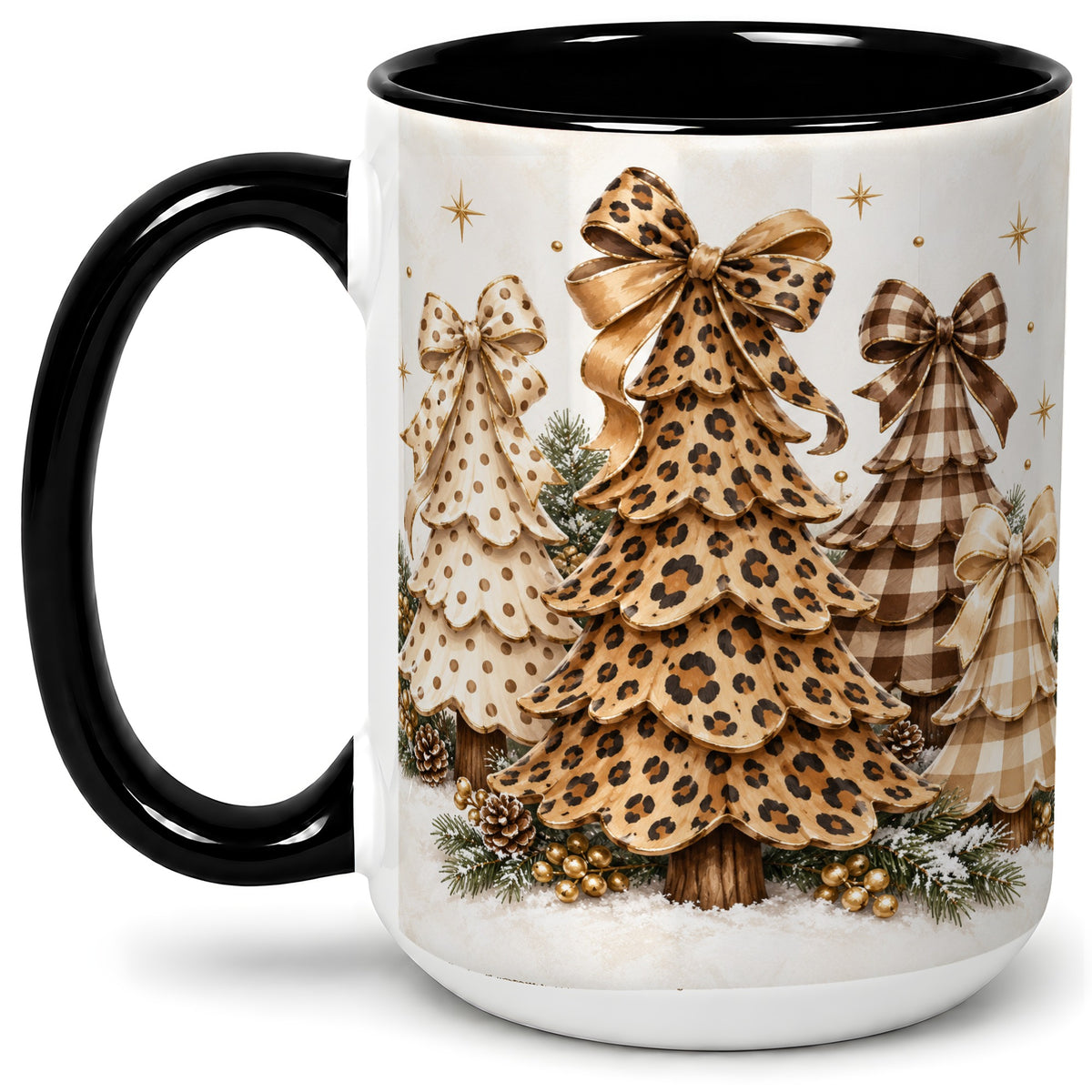 #pl[15oz|Black] Leopard Print Christmas Trees Accent Mug, Ceramic Holiday Coffee Cup