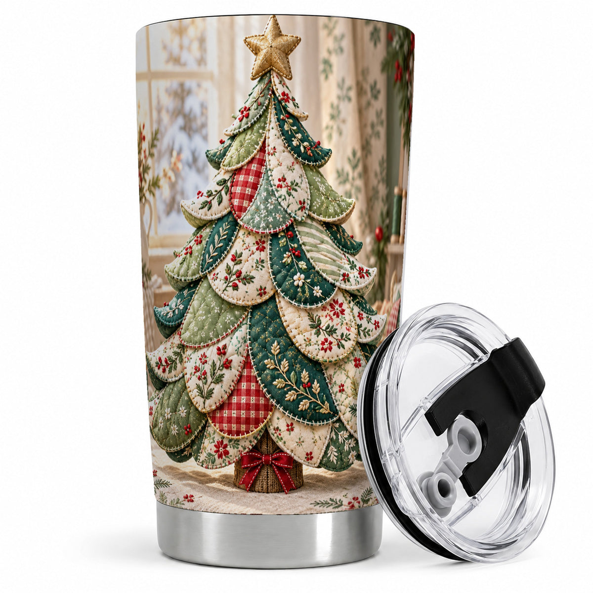 Patchwork Christmas Tree 20oz Tumbler, Quilted Floral Holiday Art