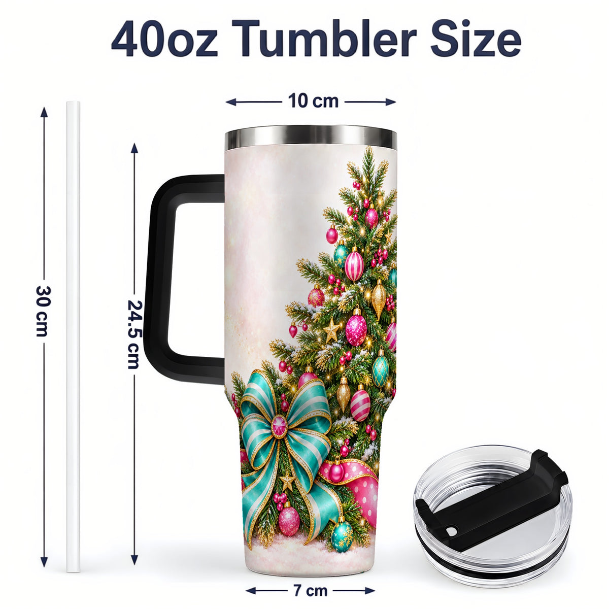 #pl[40oz|Black] Pink Christmas Tree Tumbler, 40oz Handled Stainless Steel Drinkware