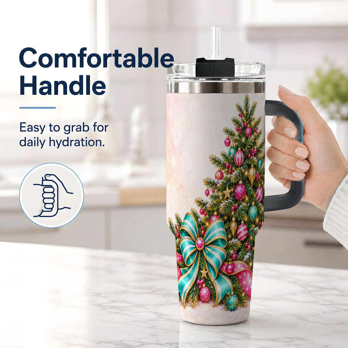 #pl[40oz|Black] Pink Christmas Tree Tumbler, 40oz Handled Stainless Steel Drinkware