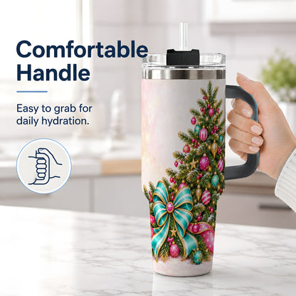 #pl[40oz|Black] Pink Christmas Tree Tumbler, 40oz Handled Stainless Steel Drinkware