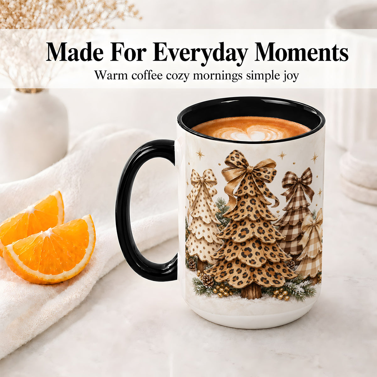 #pl[15oz|Black] Leopard Print Christmas Trees Accent Mug, Ceramic Holiday Coffee Cup