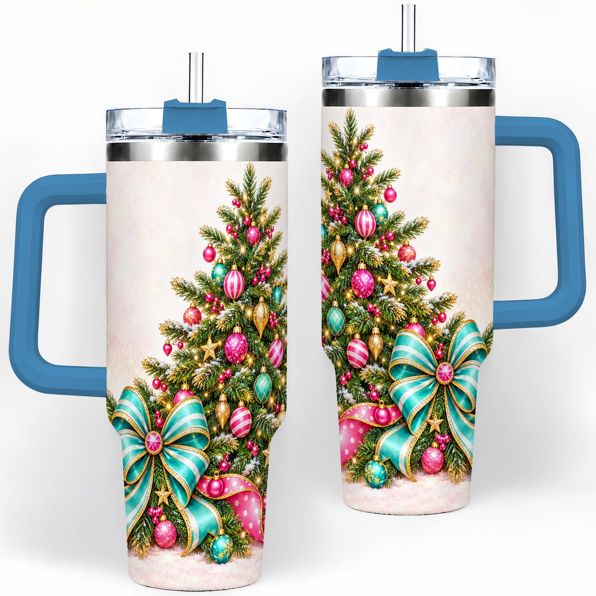 #pl[40oz|Blue] Pink Christmas Tree Tumbler, 40oz Handled Stainless Steel Drinkware