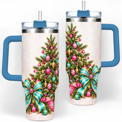 #pl[40oz|Blue] Pink Christmas Tree Tumbler, 40oz Handled Stainless Steel Drinkware