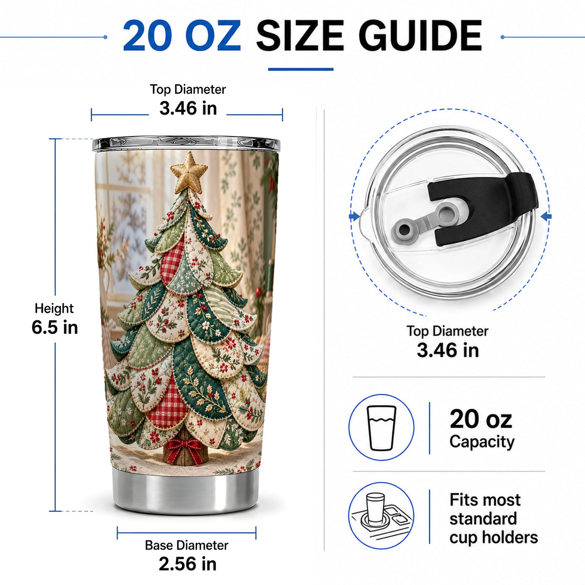 #pl[20oz|Steel] Patchwork Christmas Tree 20oz Tumbler, Quilted Floral Holiday Art
