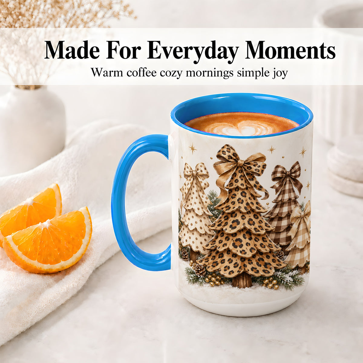 #pl[15oz|Blue] Leopard Print Christmas Trees Accent Mug, Ceramic Holiday Coffee Cup