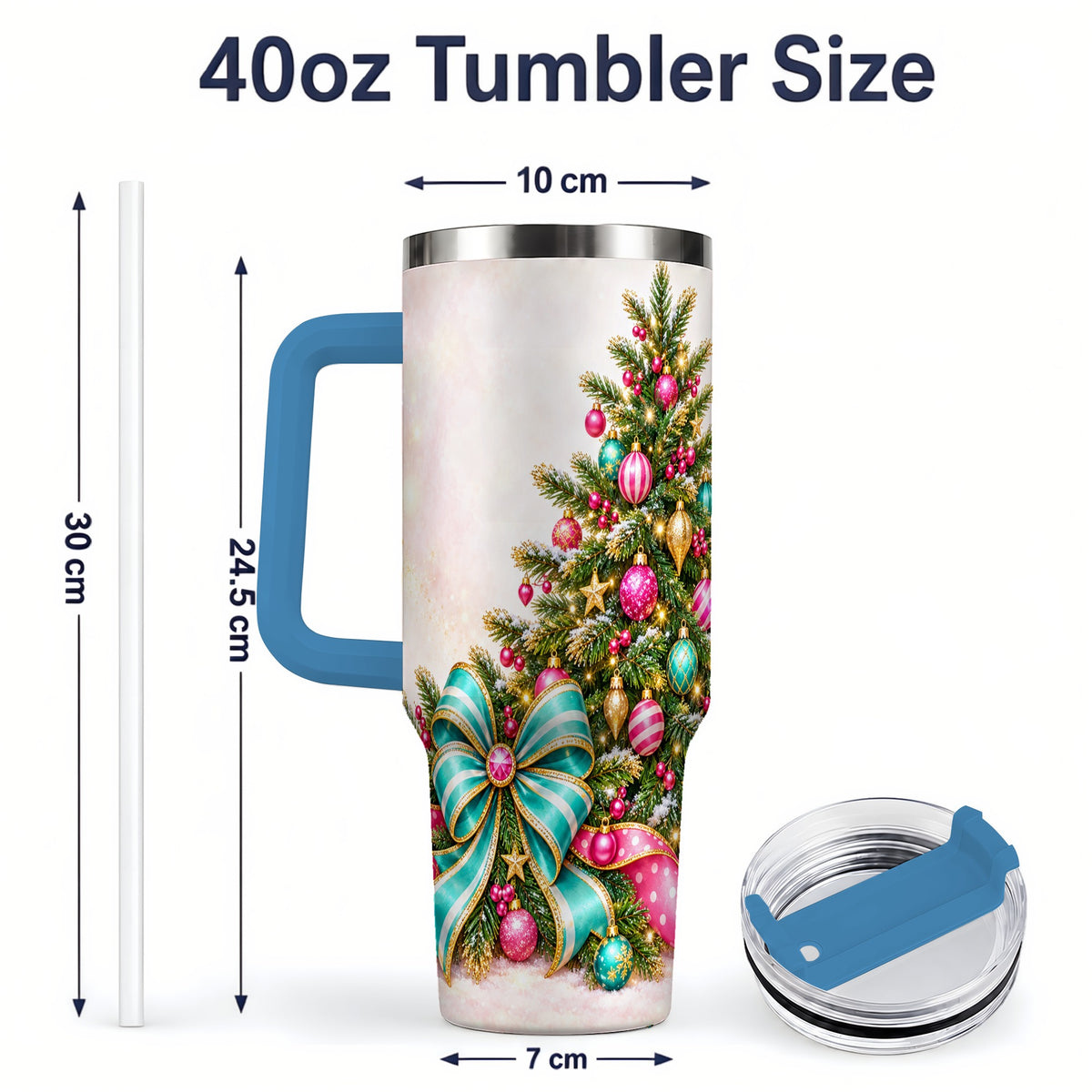 #pl[40oz|Blue] Pink Christmas Tree Tumbler, 40oz Handled Stainless Steel Drinkware