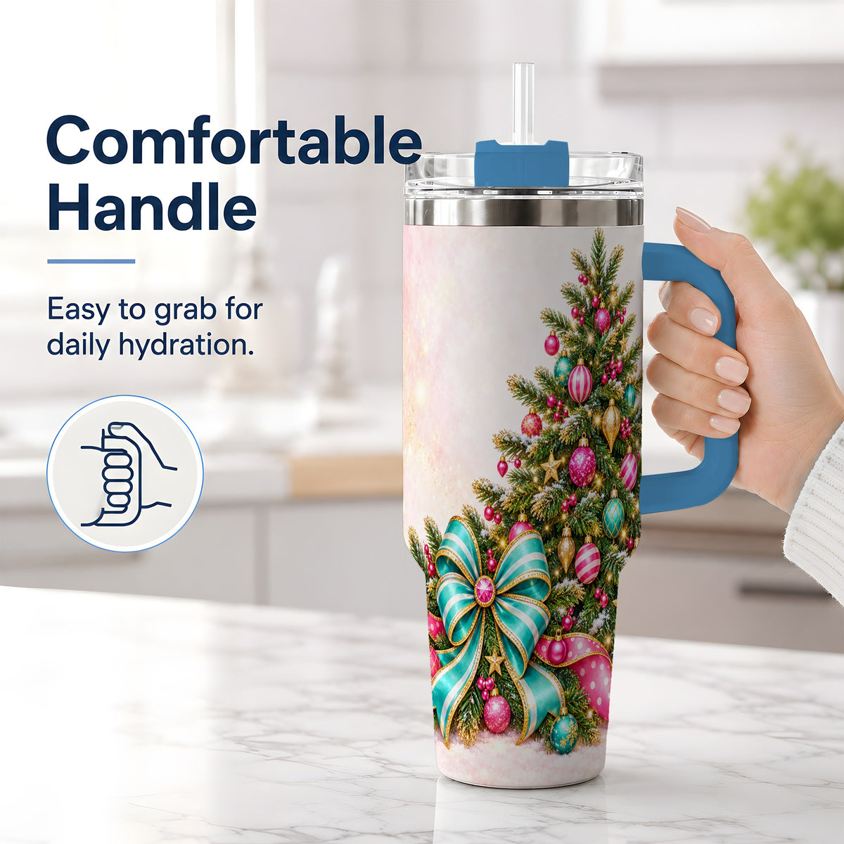 #pl[40oz|Blue] Pink Christmas Tree Tumbler, 40oz Handled Stainless Steel Drinkware